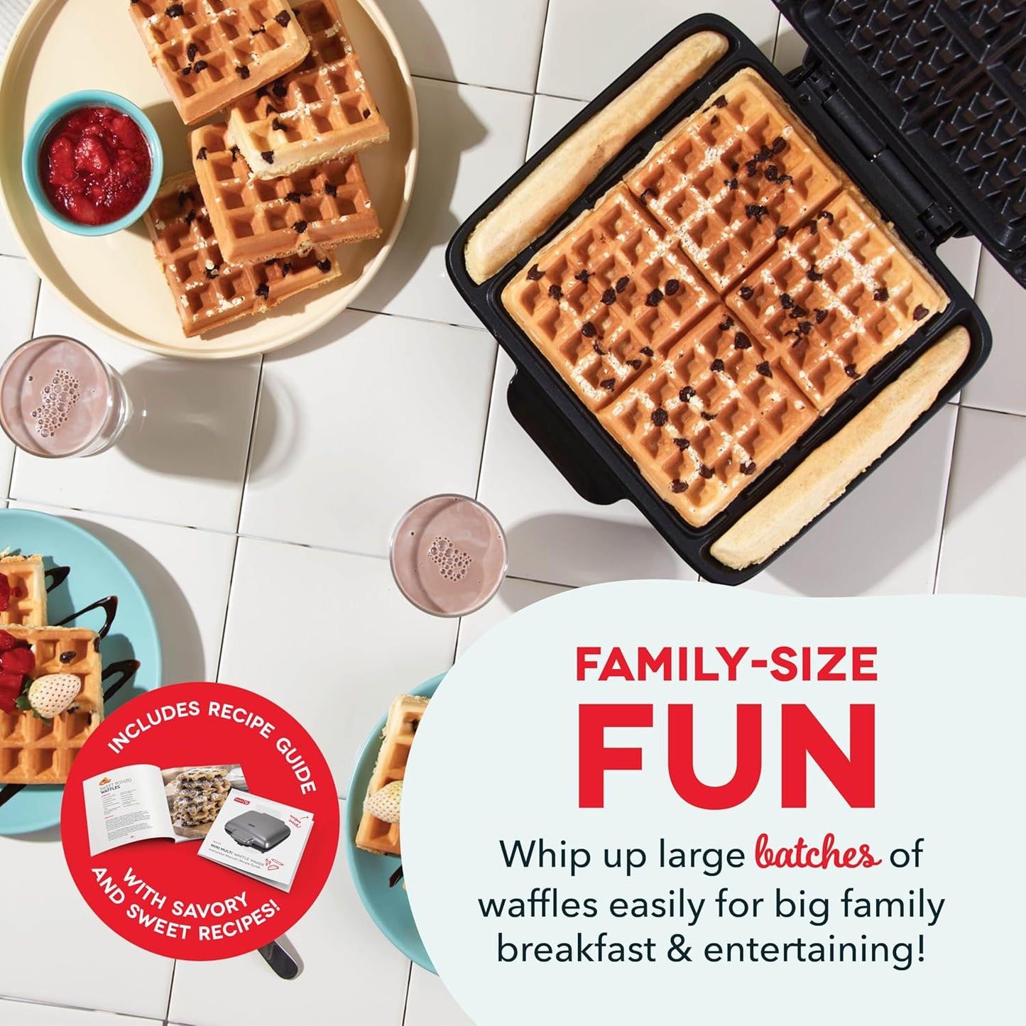 Deluxe No-Drip Belgian Waffle Iron Maker Machine 1200W + Hash Browns, or Any Breakfast, Lunch, & Snacks with Easy Clean, Non-Stick + Mess Free Sides, Red