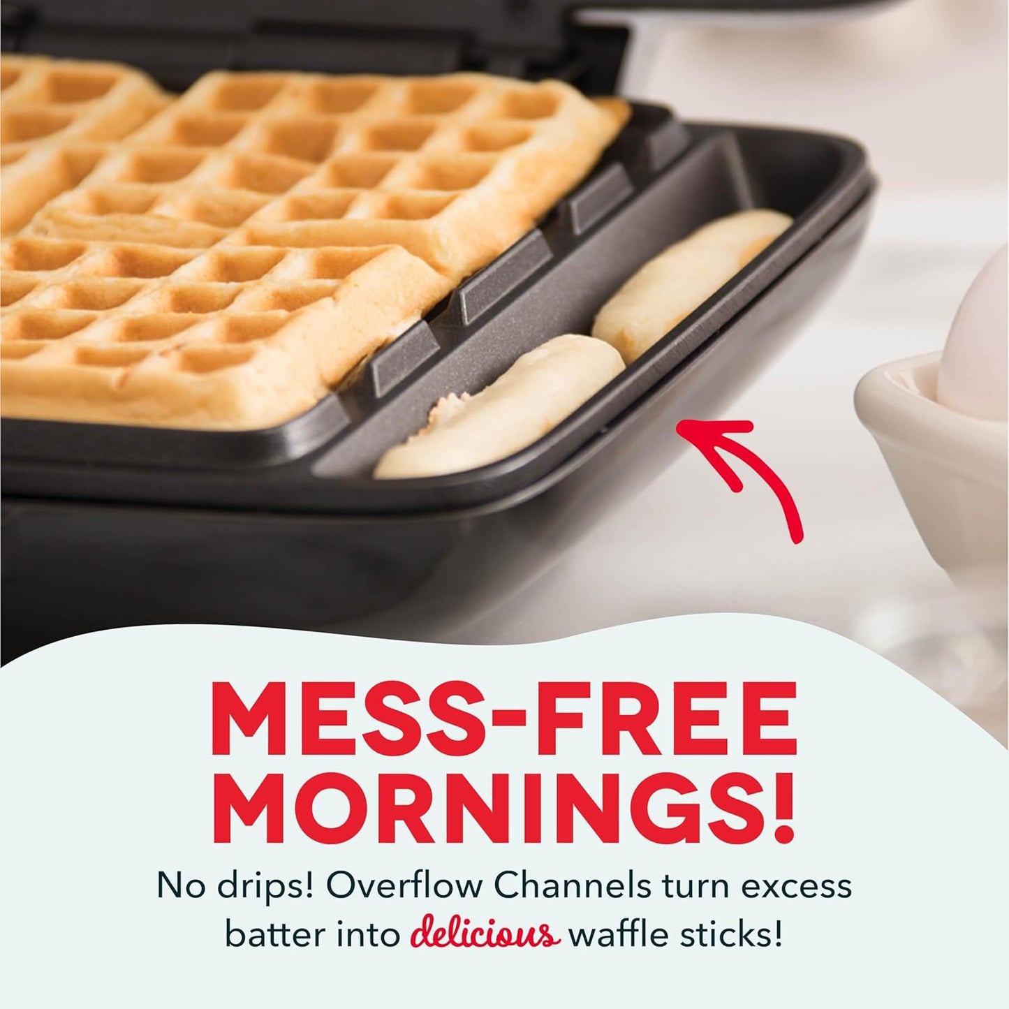 Deluxe No-Drip Belgian Waffle Iron Maker Machine 1200W + Hash Browns, or Any Breakfast, Lunch, & Snacks with Easy Clean, Non-Stick + Mess Free Sides, Red
