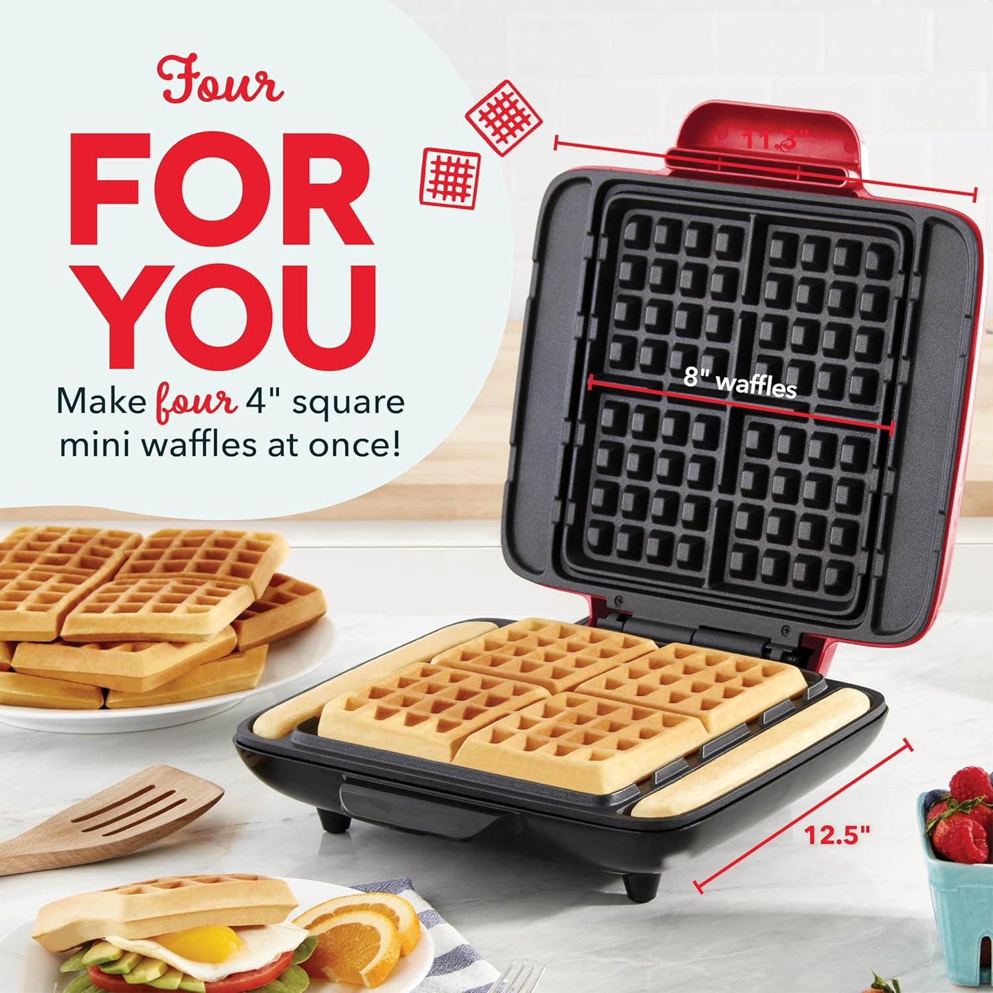 Deluxe No-Drip Belgian Waffle Iron Maker Machine 1200W + Hash Browns, or Any Breakfast, Lunch, & Snacks with Easy Clean, Non-Stick + Mess Free Sides, Red