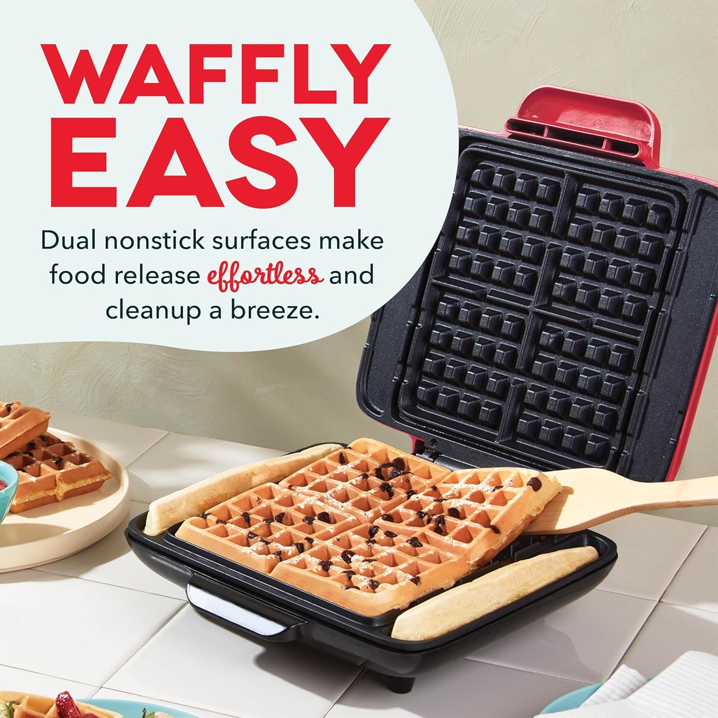 Deluxe No-Drip Belgian Waffle Iron Maker Machine 1200W + Hash Browns, or Any Breakfast, Lunch, & Snacks with Easy Clean, Non-Stick + Mess Free Sides, Red