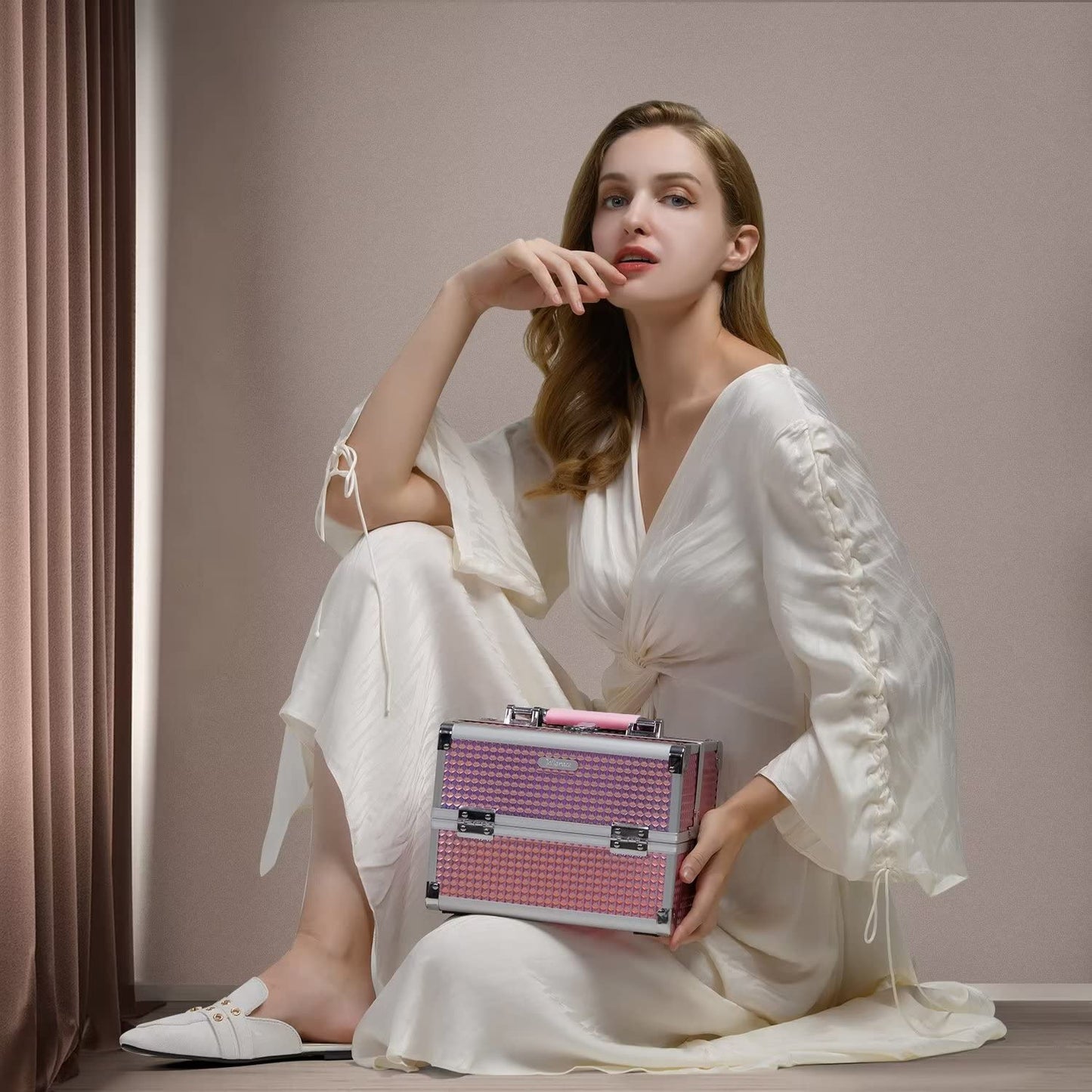 Makeup Train Case Portable Cosmetic Organizer Box Jewelry Storage Case 2 Trays Mirror Lockable with Keys Travel Makeup Organizer Case for Girls Makeup Artist, Cosmetologist, Makeup Tools Makeup Box Mermaid Pink