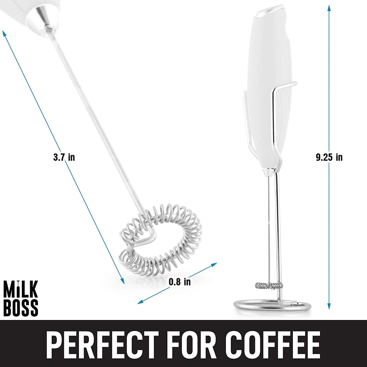 Powerful Milk Frother Handheld with Upgraded Holster Stand - Coffee Frother Electric Handheld Foam Maker - Milk Frother for Coffee, Lattes, Matcha & More - Electric Whisk Frother (White)