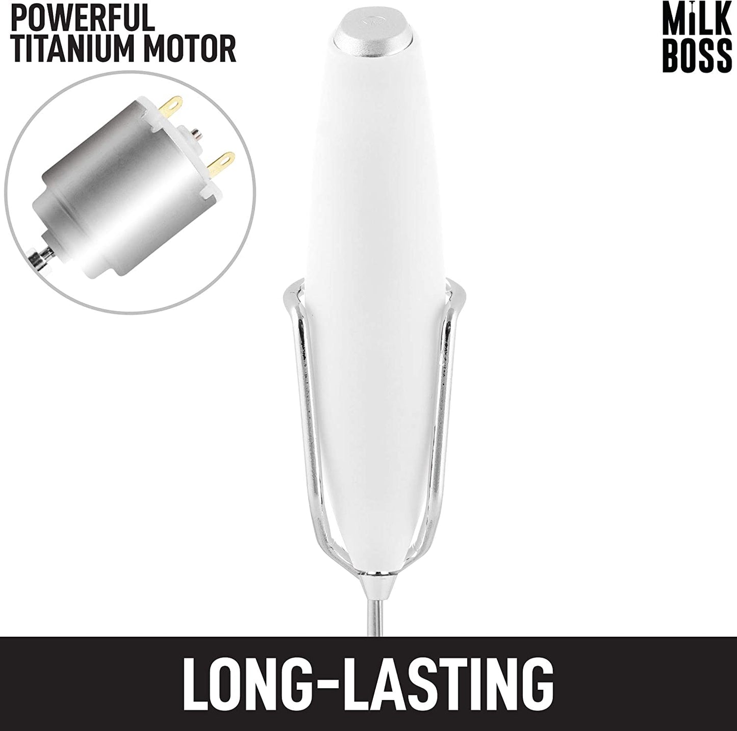 Powerful Milk Frother Handheld with Upgraded Holster Stand - Coffee Frother Electric Handheld Foam Maker - Milk Frother for Coffee, Lattes, Matcha & More - Electric Whisk Frother (White)