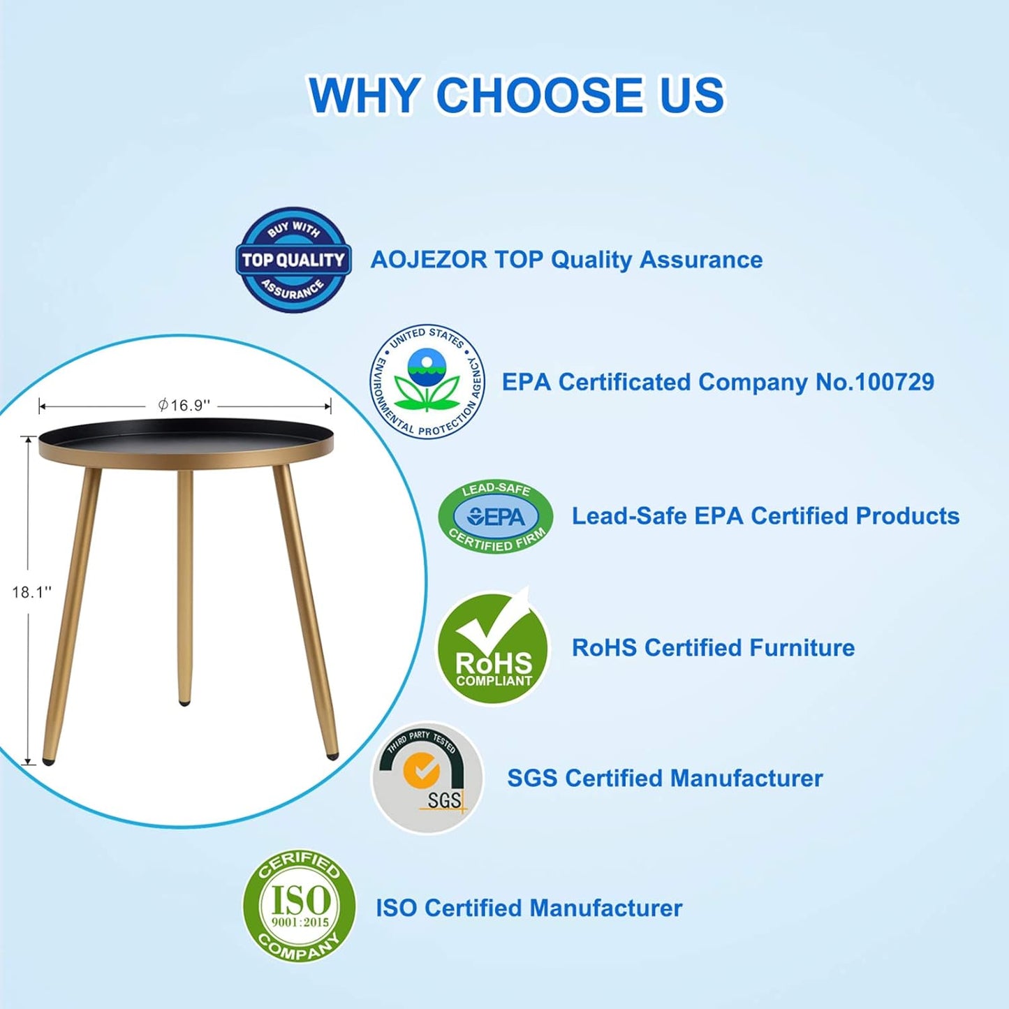 round End/Side Tables for Living Room, Bedrooms Narrow Night Stands Cute Pedestal Plant Stand for Balcony, Black Tray with 3 Legged Gold Coffee/ Accent Table