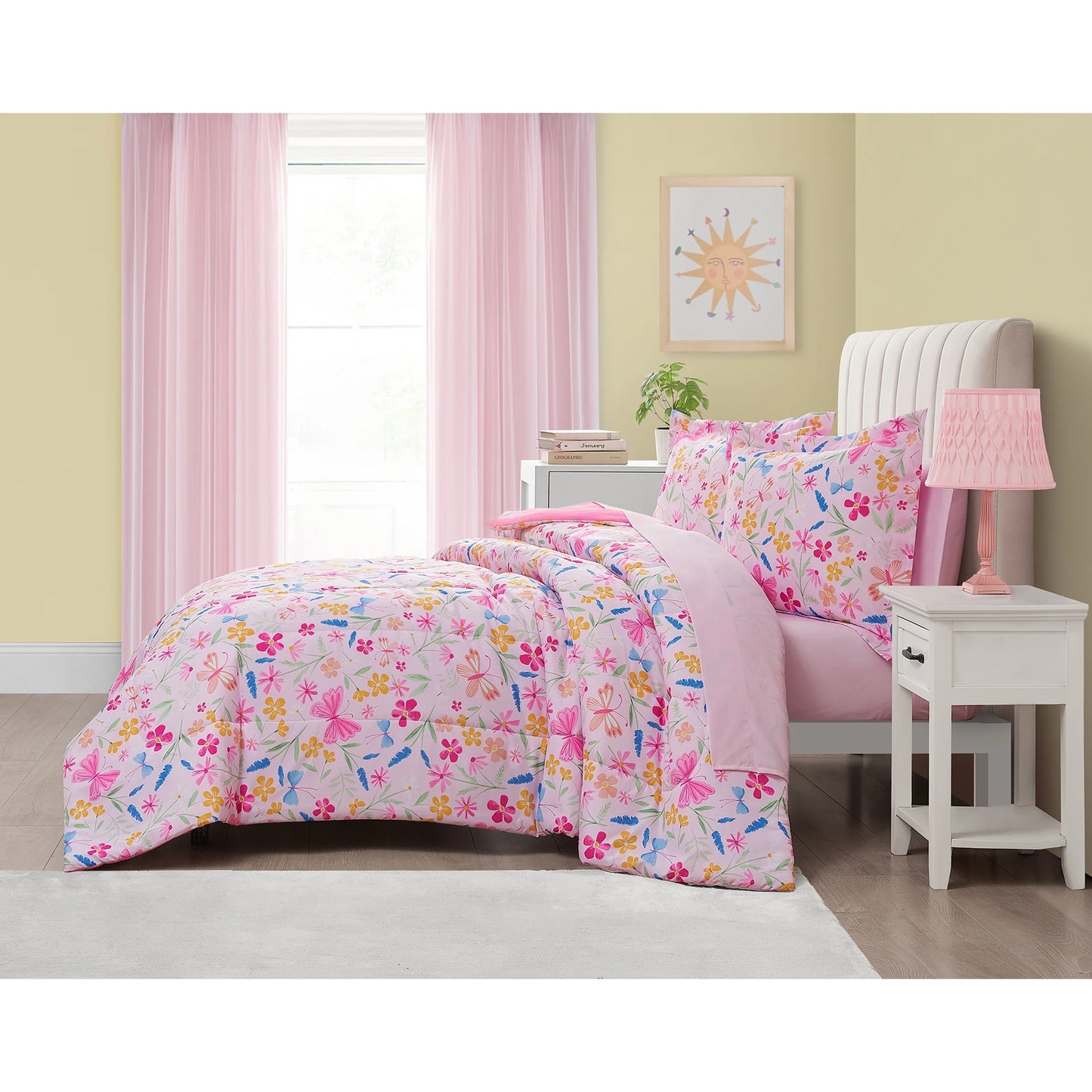 7 Piece Pink Wildflower Polyester Bedding Set for Girls, Full