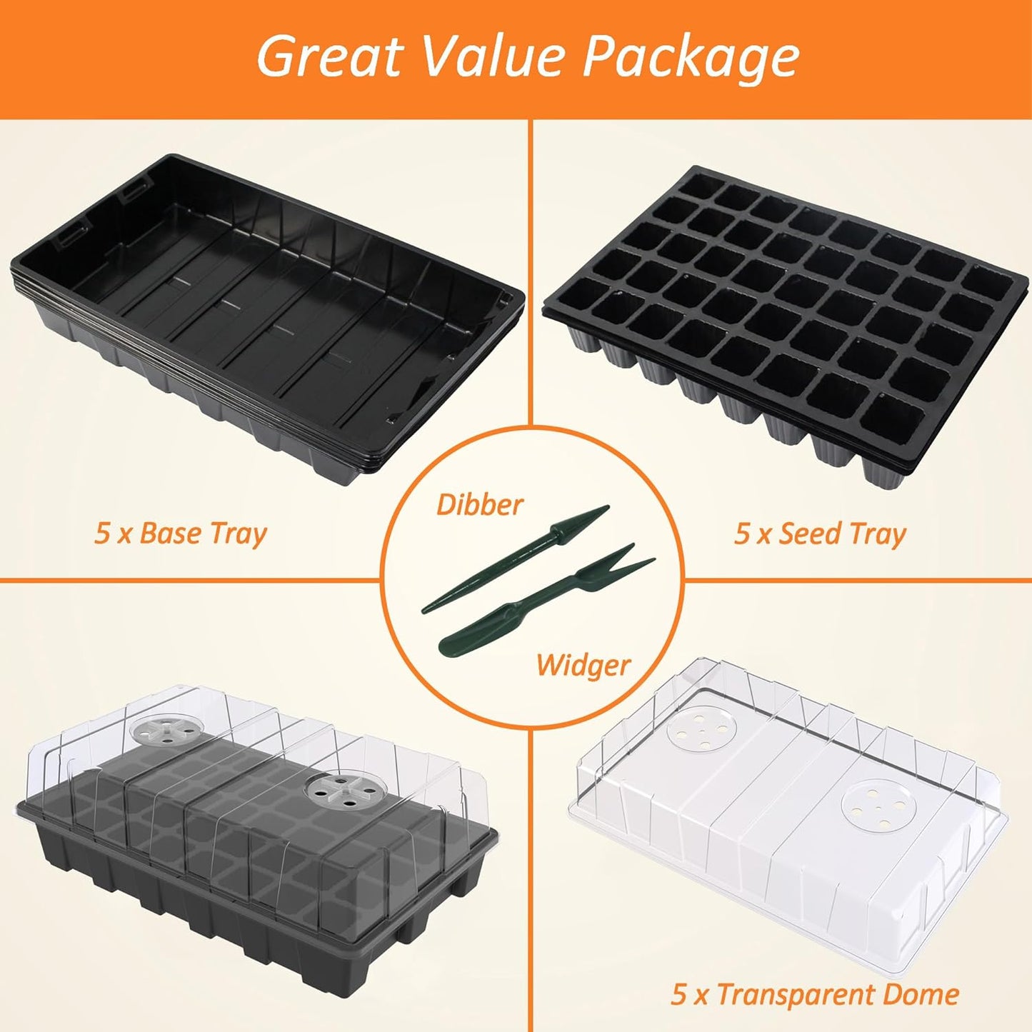 5-Set Garden Propagator Set, Seed Tray Kits with 200-Cell, Seed Starter Tray with Dome and Base 15" X 9" (40-Cell per Tray)