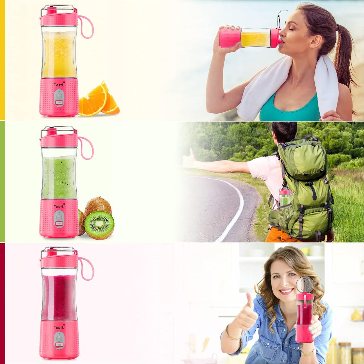 Personal Blender, Portable Travel Mini Ice Mixer Electric Smoothie Blender Juicer Cup Maker, with 13 Oz Bottles, 6 Blades and USB 4000Mah Strong Power for Shakes and Smoothies (Pink)