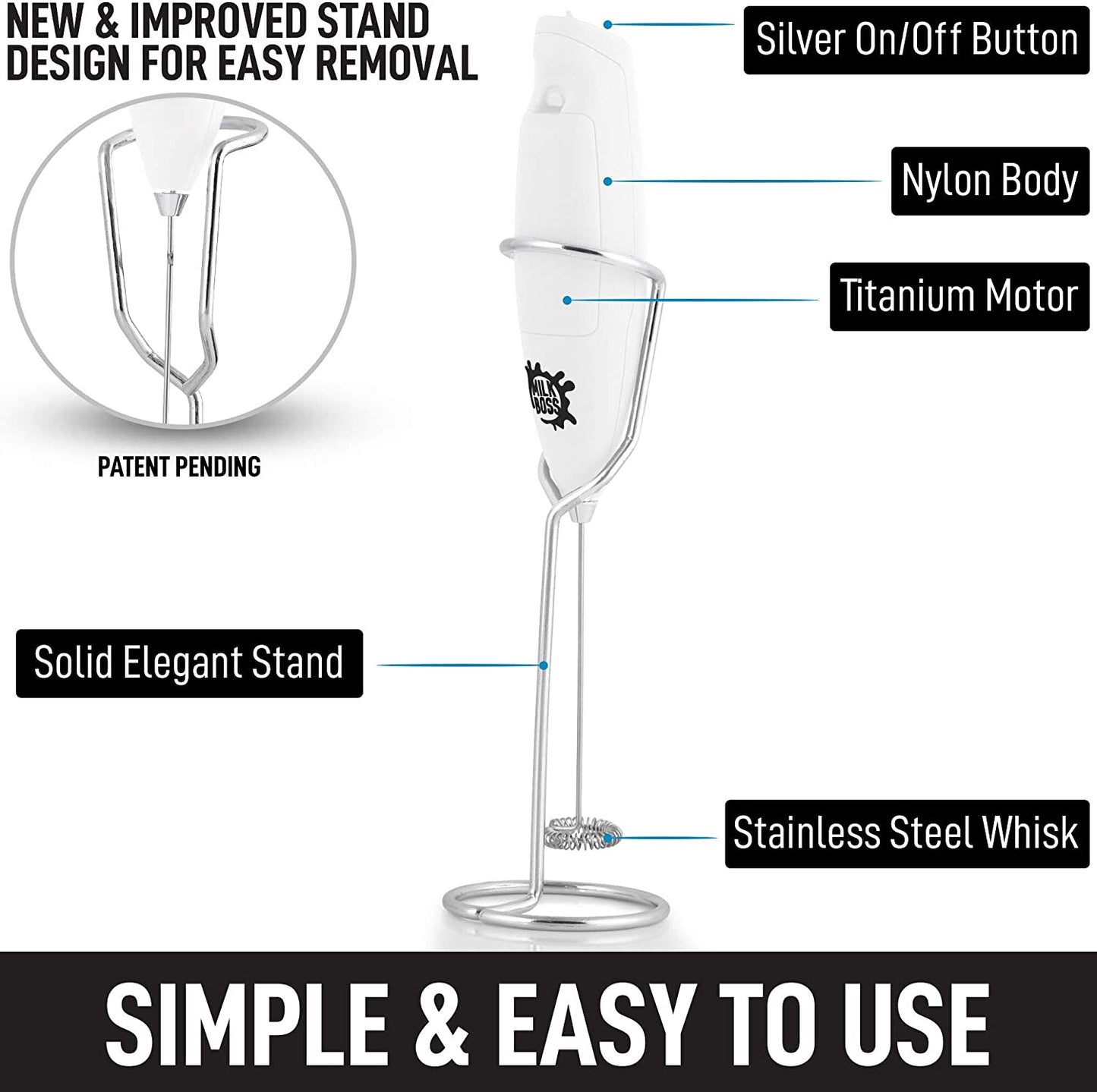 Powerful Milk Frother Handheld with Upgraded Holster Stand - Coffee Frother Electric Handheld Foam Maker - Milk Frother for Coffee, Lattes, Matcha & More - Electric Whisk Frother (White)
