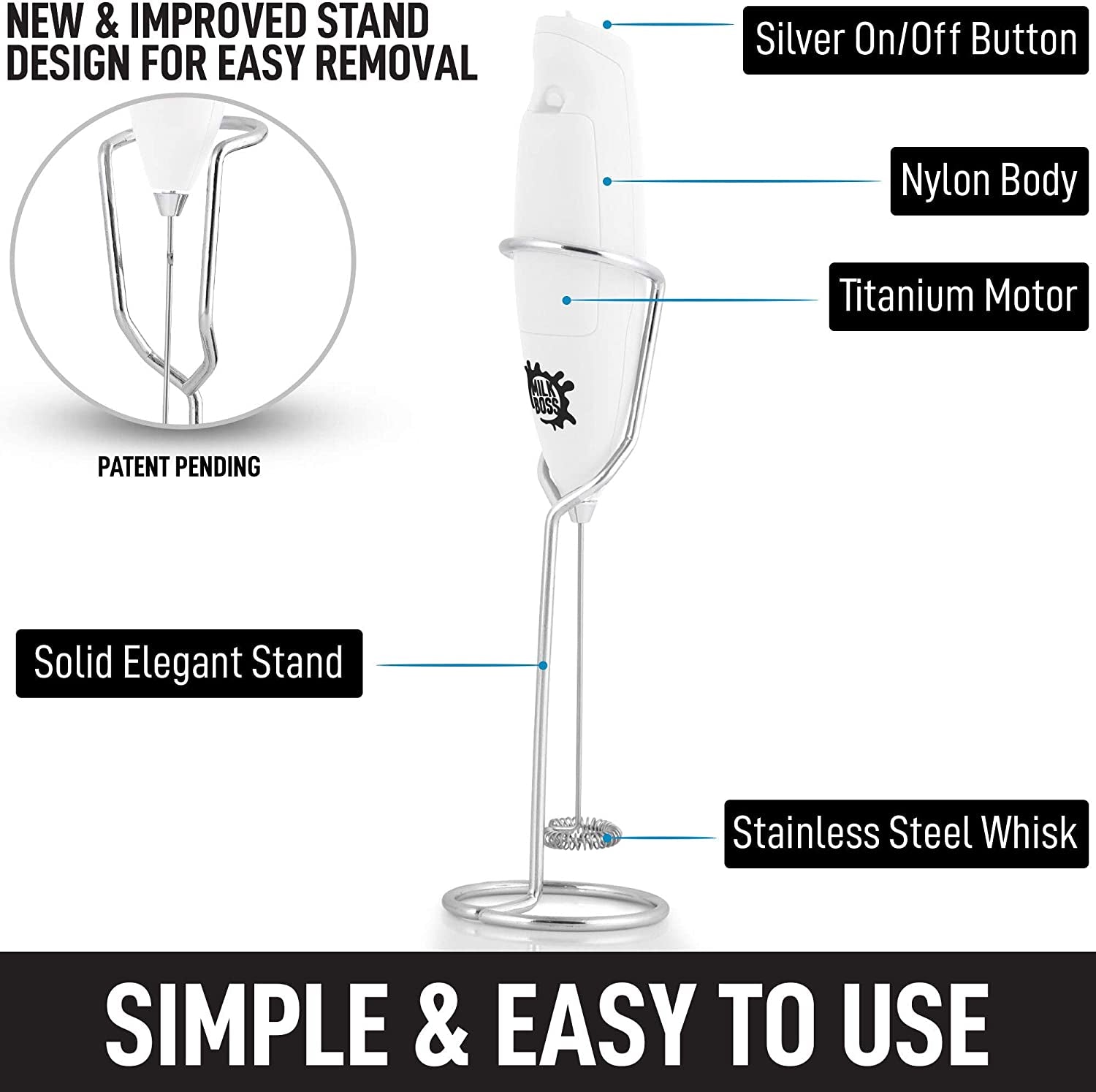 Powerful Milk Frother Handheld with Upgraded Holster Stand - Coffee Frother Electric Handheld Foam Maker - Milk Frother for Coffee, Lattes, Matcha & More - Electric Whisk Frother (White)
