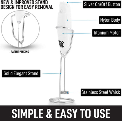 Powerful Milk Frother Handheld with Upgraded Holster Stand - Coffee Frother Electric Handheld Foam Maker - Milk Frother for Coffee, Lattes, Matcha & More - Electric Whisk Frother (White)