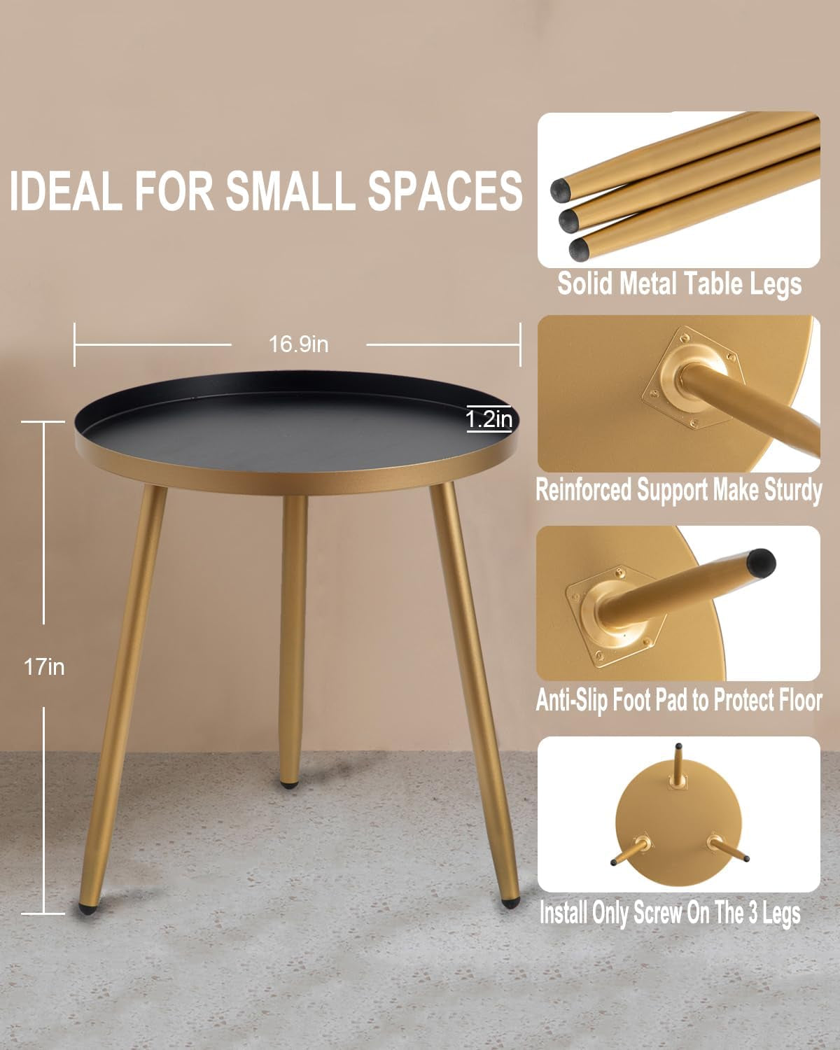 round End/Side Tables for Living Room, Bedrooms Narrow Night Stands Cute Pedestal Plant Stand for Balcony, Black Tray with 3 Legged Gold Coffee/ Accent Table