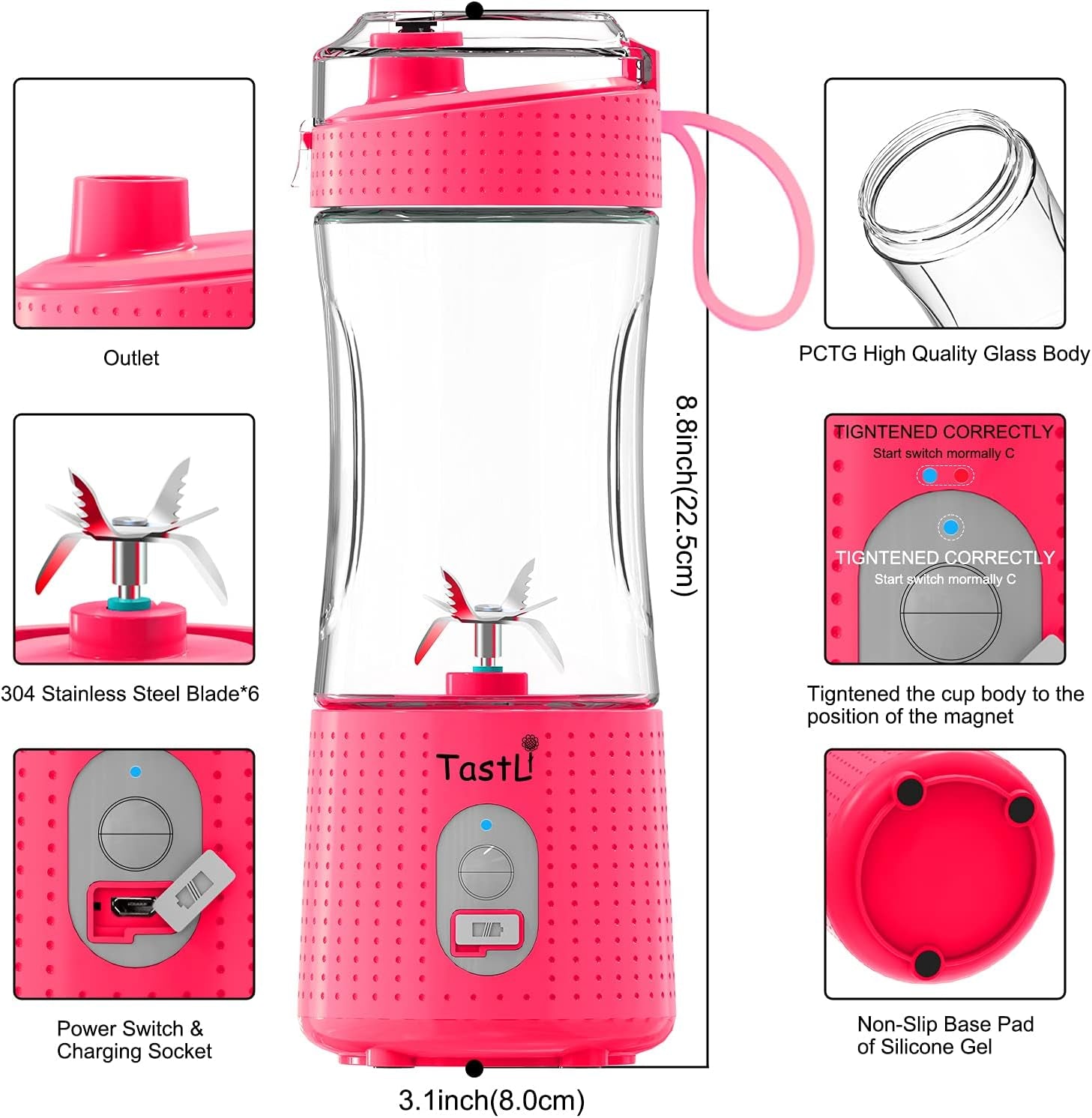 Personal Blender, Portable Travel Mini Ice Mixer Electric Smoothie Blender Juicer Cup Maker, with 13 Oz Bottles, 6 Blades and USB 4000Mah Strong Power for Shakes and Smoothies (Pink)