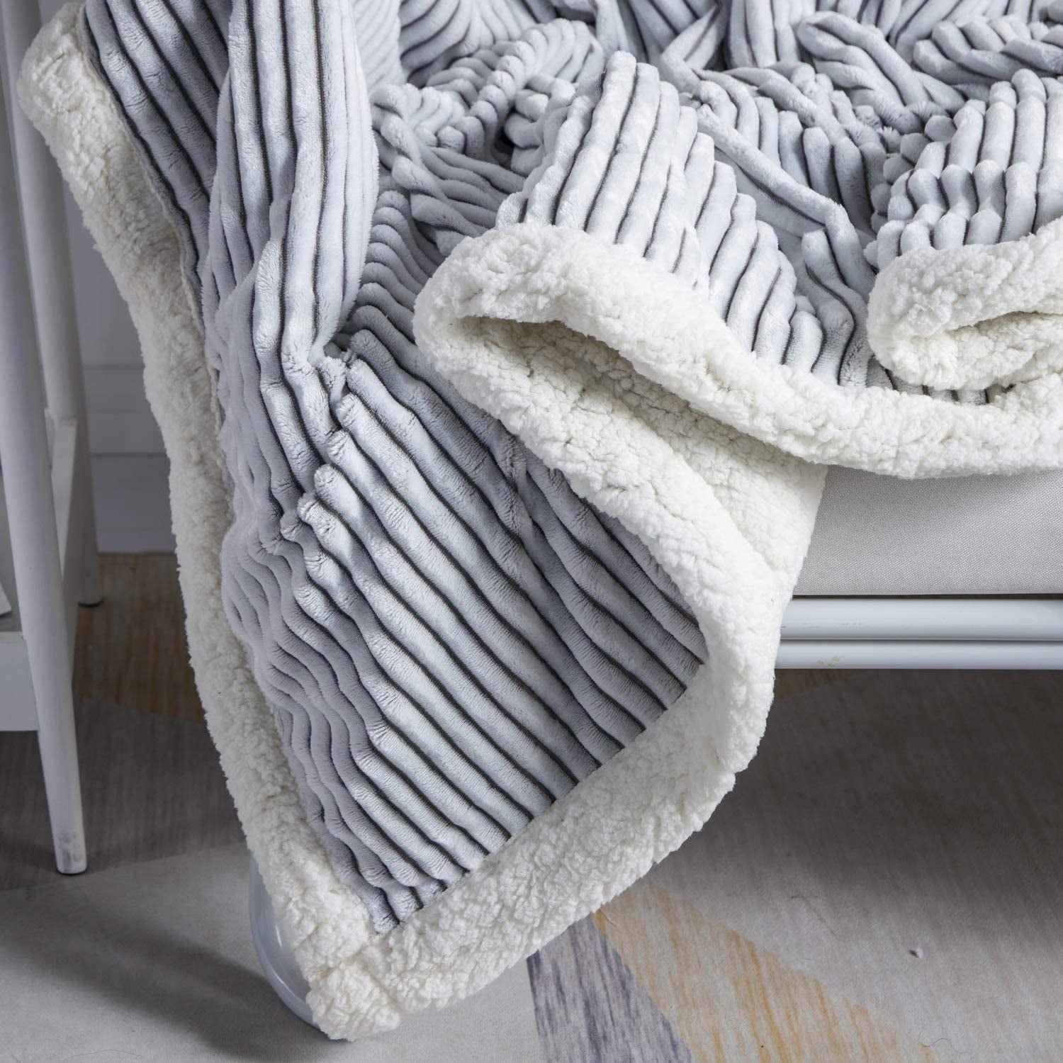 Sherpa Blanket Fleece Throw – 51X63, Grey & White – Soft, Plush, Fluffy, Fuzzy, Warm, Cozy, Thick – Perfect for Couch, Bed, Sofa, Chair - Reversible Throw Blanket