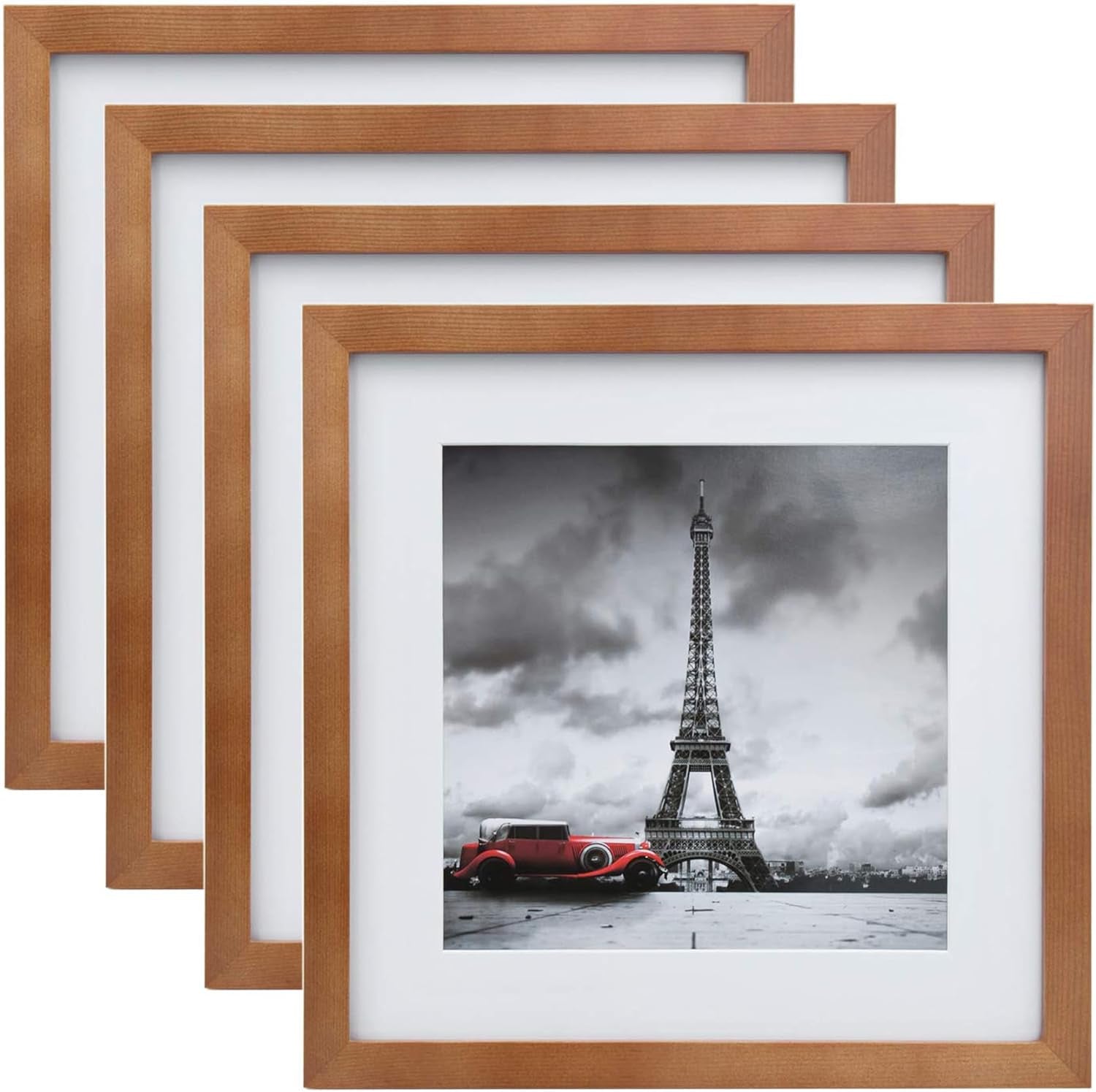 11X11 Picture Frames 4 Pack, Display Pictures 8X8 with Mat or 11X11 without Mat Made of Solid Wood for Table Top Display and Wall Mounting Photo Frame, Light Brown