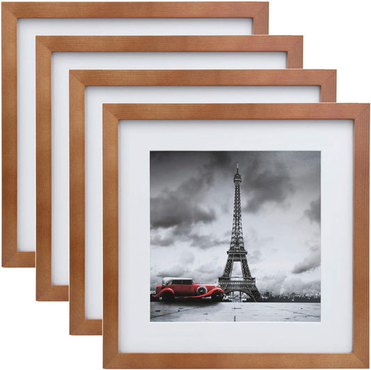 11X11 Picture Frames 4 Pack, Display Pictures 8X8 with Mat or 11X11 without Mat Made of Solid Wood for Table Top Display and Wall Mounting Photo Frame, Light Brown