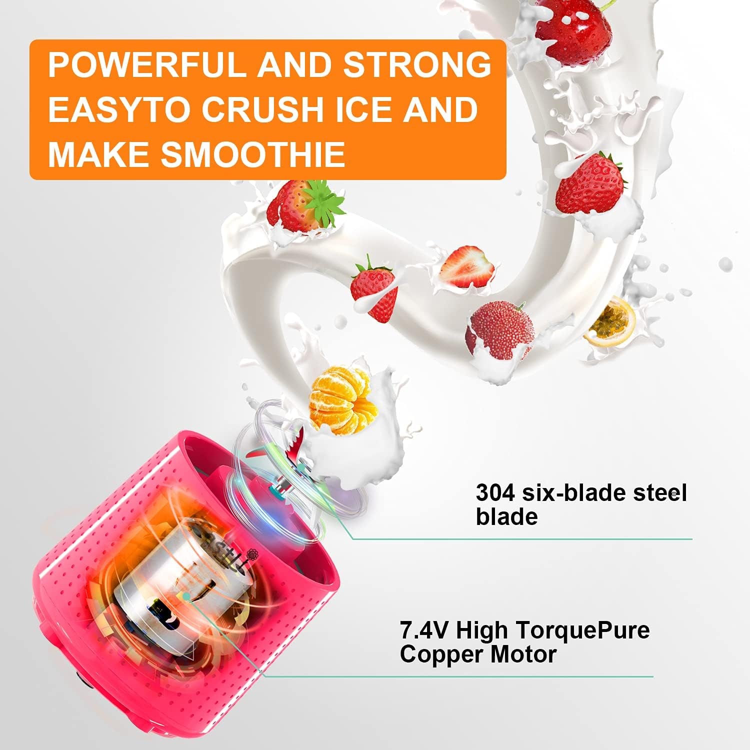 Personal Blender, Portable Travel Mini Ice Mixer Electric Smoothie Blender Juicer Cup Maker, with 13 Oz Bottles, 6 Blades and USB 4000Mah Strong Power for Shakes and Smoothies (Pink)