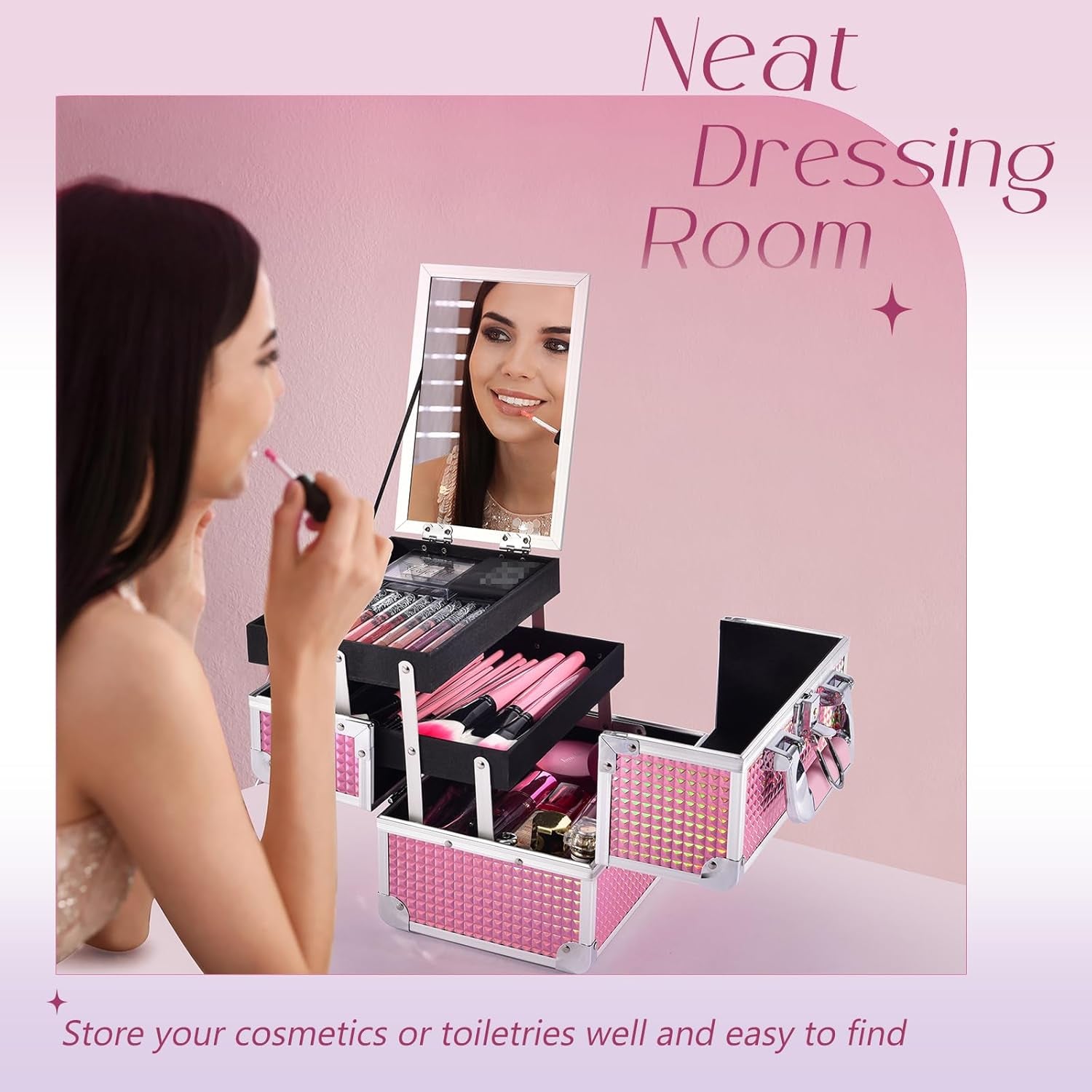 Makeup Train Case Portable Cosmetic Organizer Box Jewelry Storage Case 2 Trays Mirror Lockable with Keys Travel Makeup Organizer Case for Girls Makeup Artist, Cosmetologist, Makeup Tools Makeup Box Mermaid Pink