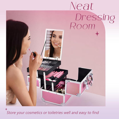 Makeup Train Case Portable Cosmetic Organizer Box Jewelry Storage Case 2 Trays Mirror Lockable with Keys Travel Makeup Organizer Case for Girls Makeup Artist, Cosmetologist, Makeup Tools Makeup Box Mermaid Pink