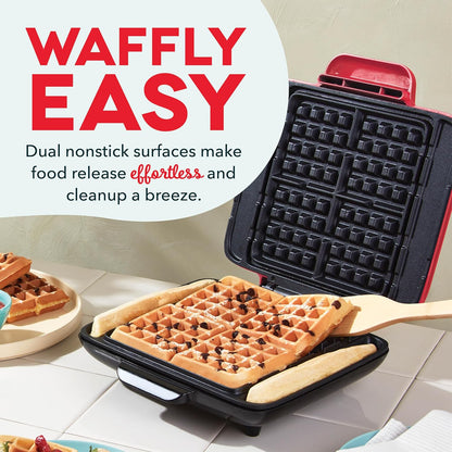 Deluxe No-Drip Belgian Waffle Iron Maker Machine 1200W + Hash Browns, or Any Breakfast, Lunch, & Snacks with Easy Clean, Non-Stick + Mess Free Sides, Red