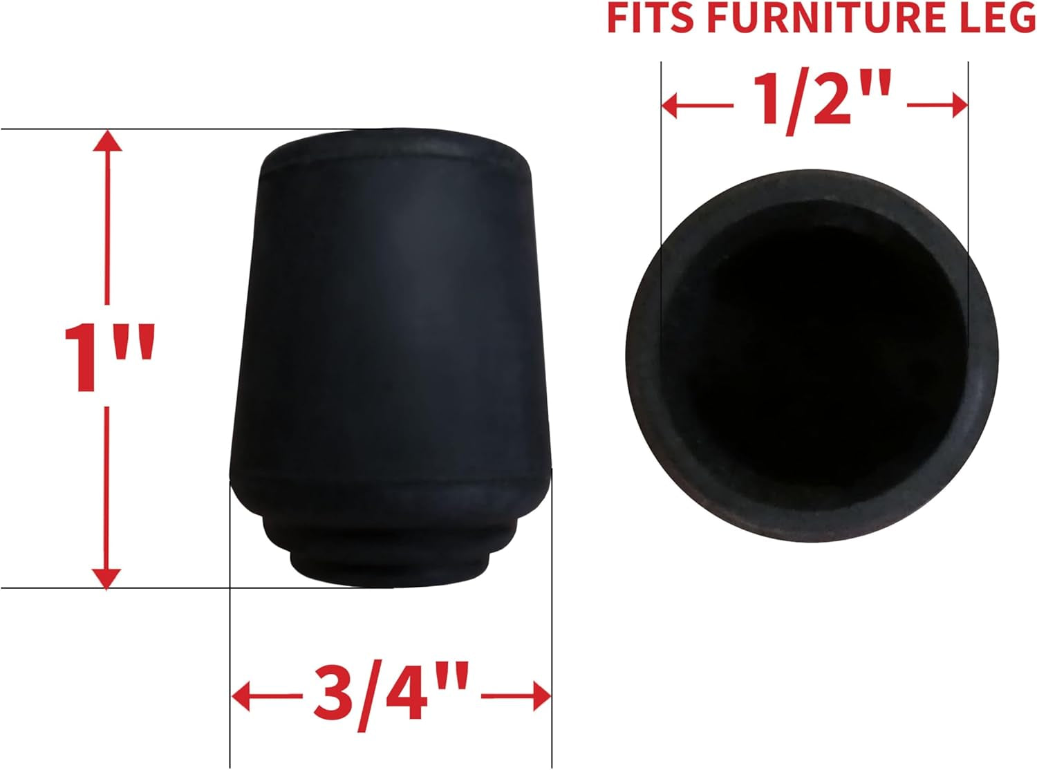 1/2" round Slip-On Rubber Folding Metal Chair Leg Tip Replacement - Protect Surfaces & Dampen Noise, Black (4 Pack)