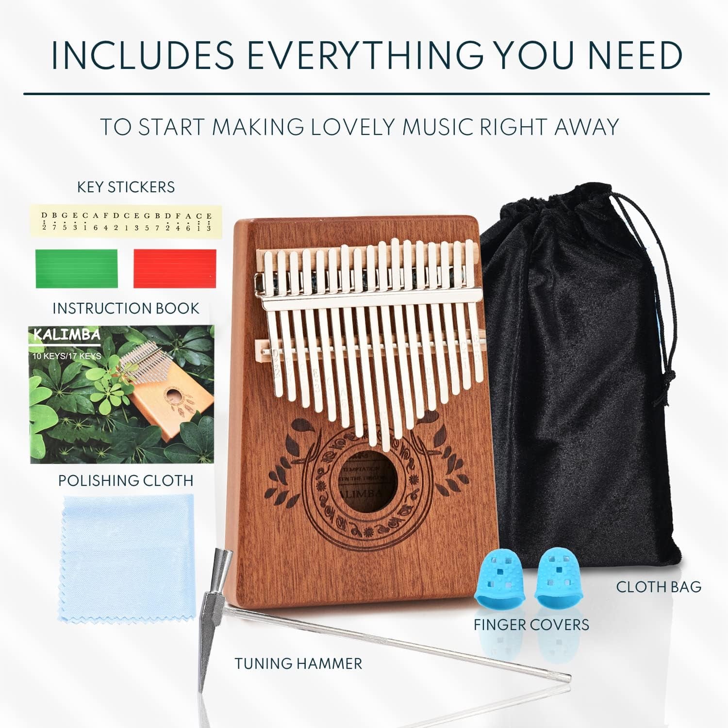Kalimba 17 Key Thumb Piano | Premium, Lightweight & Durable Mahogany Mbira | Reduce Stress & Promote Well-Being | All Inclusive - Tuning Hammer, Velvet Bag & More | Great Gift for Kids & Adults