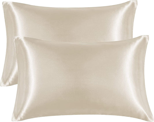 Satin Pillowcase for Hair and Skin Silk Pillowcase Set of 2 Beige Soft Pillow Cases 2 Pack Queen Size 20X30 Inches with Envelope Closure