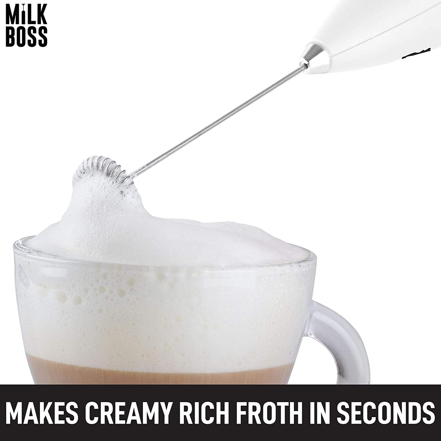 Powerful Milk Frother Handheld with Upgraded Holster Stand - Coffee Frother Electric Handheld Foam Maker - Milk Frother for Coffee, Lattes, Matcha & More - Electric Whisk Frother (White)