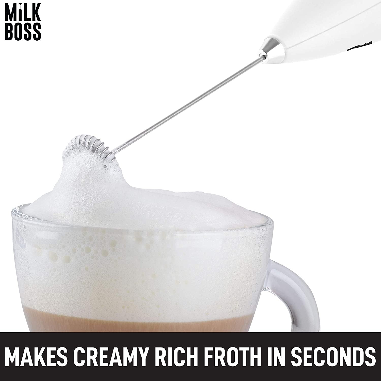 Powerful Milk Frother Handheld with Upgraded Holster Stand - Coffee Frother Electric Handheld Foam Maker - Milk Frother for Coffee, Lattes, Matcha & More - Electric Whisk Frother (White)