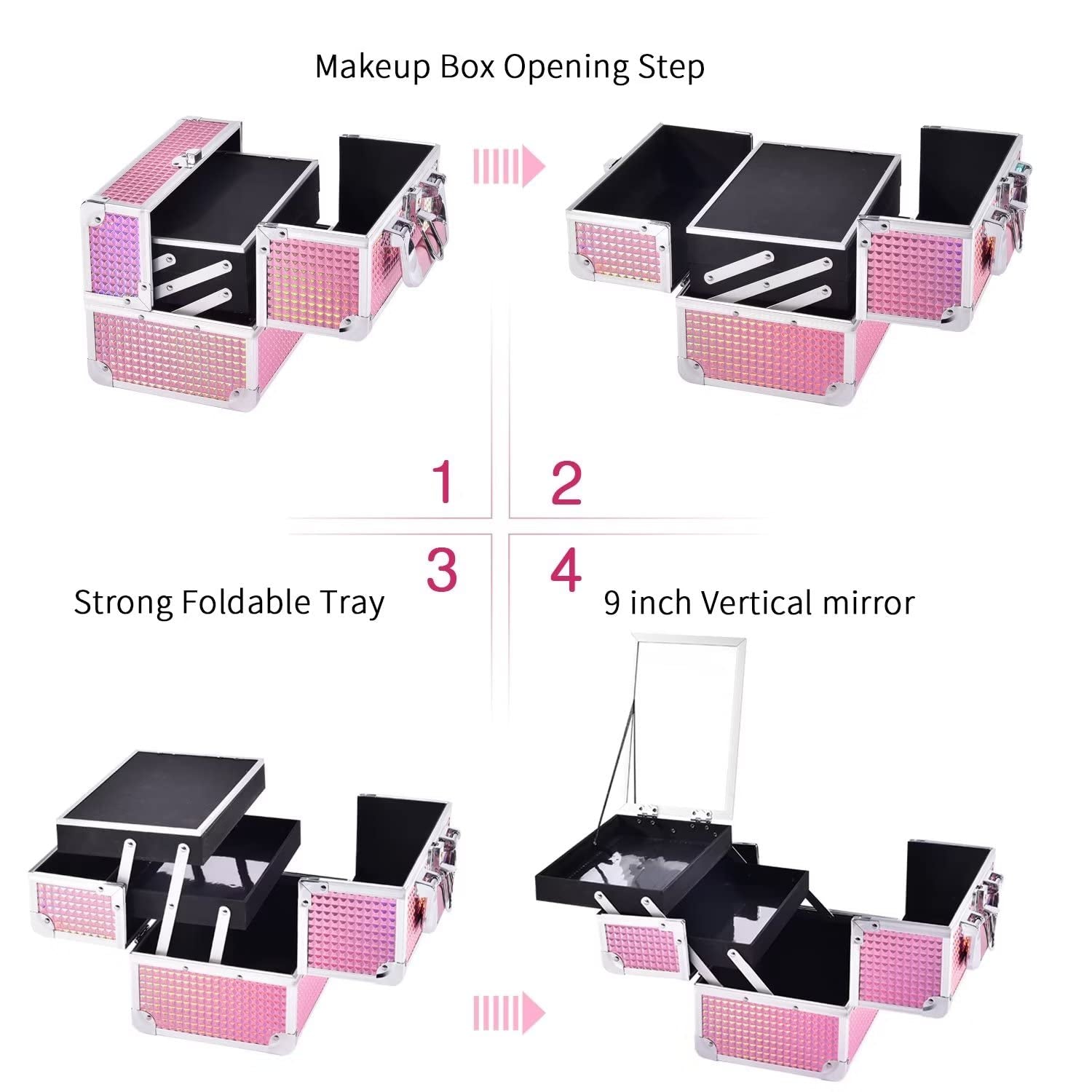 Makeup Train Case Portable Cosmetic Organizer Box Jewelry Storage Case 2 Trays Mirror Lockable with Keys Travel Makeup Organizer Case for Girls Makeup Artist, Cosmetologist, Makeup Tools Makeup Box Mermaid Pink