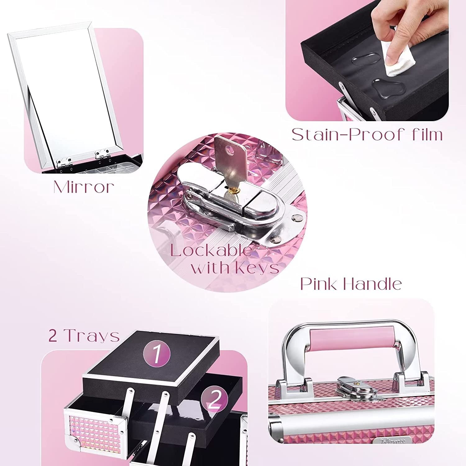 Makeup Train Case Portable Cosmetic Organizer Box Jewelry Storage Case 2 Trays Mirror Lockable with Keys Travel Makeup Organizer Case for Girls Makeup Artist, Cosmetologist, Makeup Tools Makeup Box Mermaid Pink