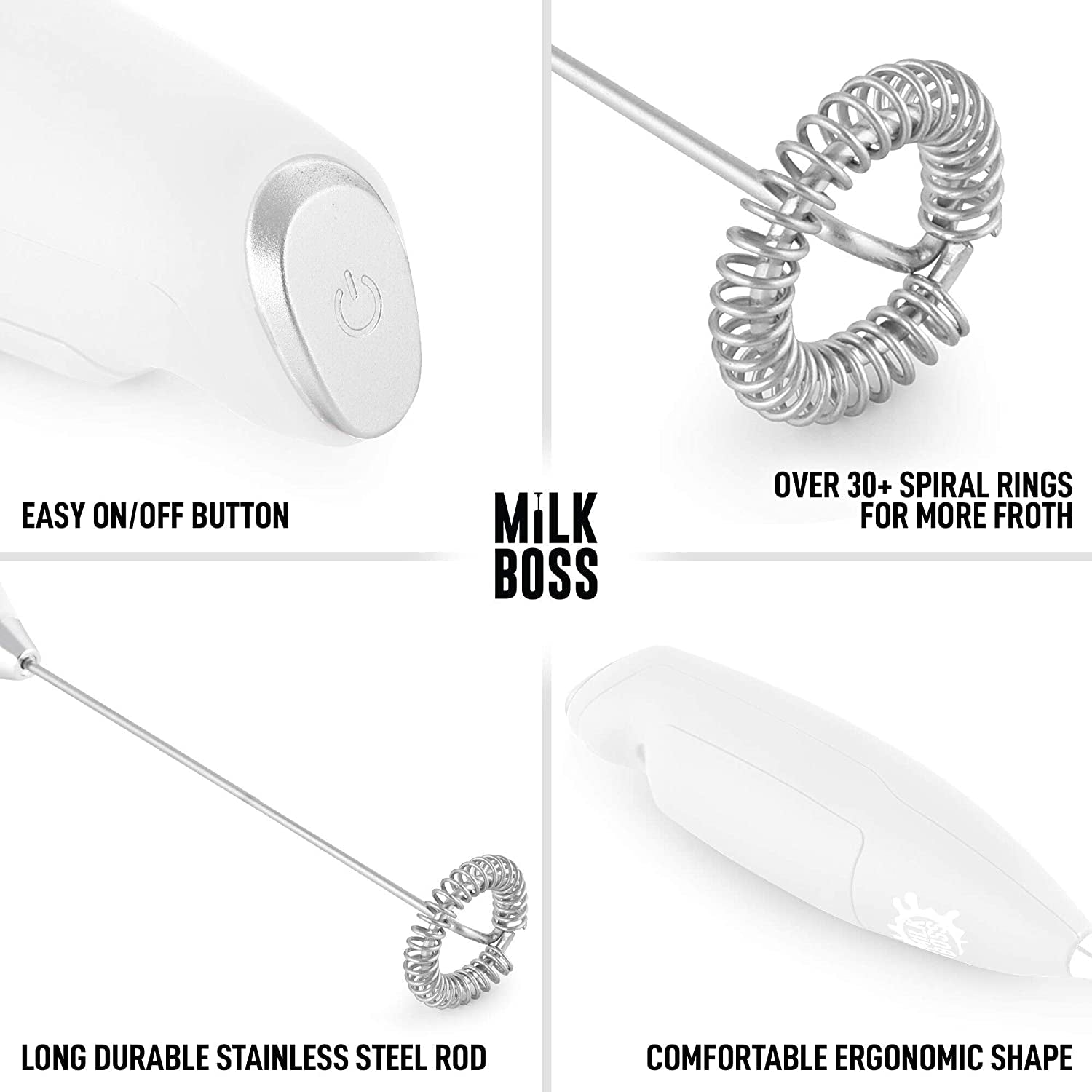 Powerful Milk Frother Handheld with Upgraded Holster Stand - Coffee Frother Electric Handheld Foam Maker - Milk Frother for Coffee, Lattes, Matcha & More - Electric Whisk Frother (White)