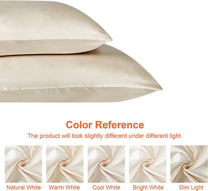 Satin Pillowcase for Hair and Skin Silk Pillowcase Set of 2 Beige Soft Pillow Cases 2 Pack Queen Size 20X30 Inches with Envelope Closure