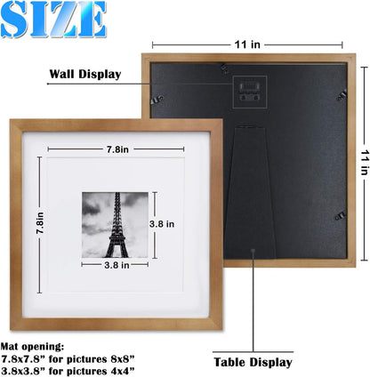 11X11 Picture Frames 4 Pack, Display Pictures 8X8 with Mat or 11X11 without Mat Made of Solid Wood for Table Top Display and Wall Mounting Photo Frame, Light Brown