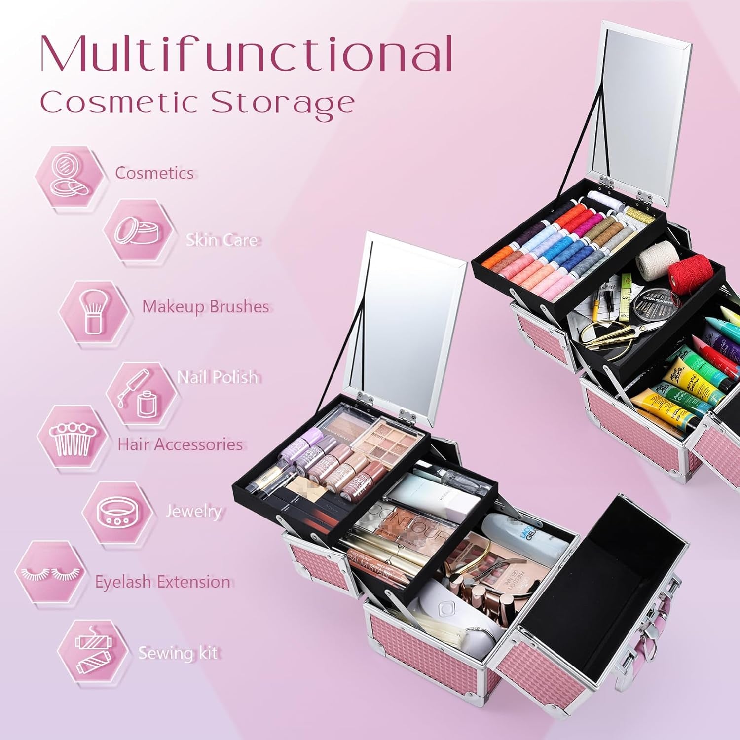 Makeup Train Case Portable Cosmetic Organizer Box Jewelry Storage Case 2 Trays Mirror Lockable with Keys Travel Makeup Organizer Case for Girls Makeup Artist, Cosmetologist, Makeup Tools Makeup Box Mermaid Pink