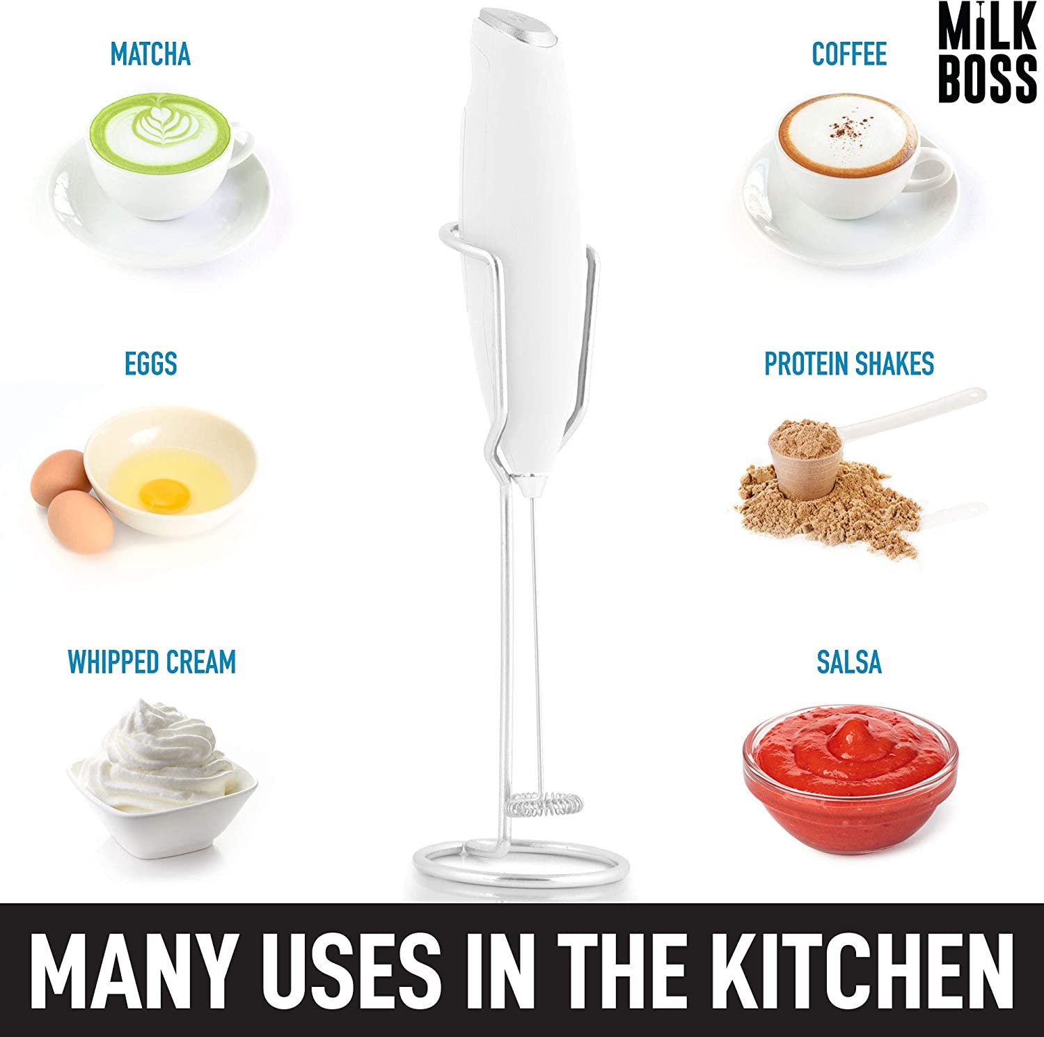 Powerful Milk Frother Handheld with Upgraded Holster Stand - Coffee Frother Electric Handheld Foam Maker - Milk Frother for Coffee, Lattes, Matcha & More - Electric Whisk Frother (White)