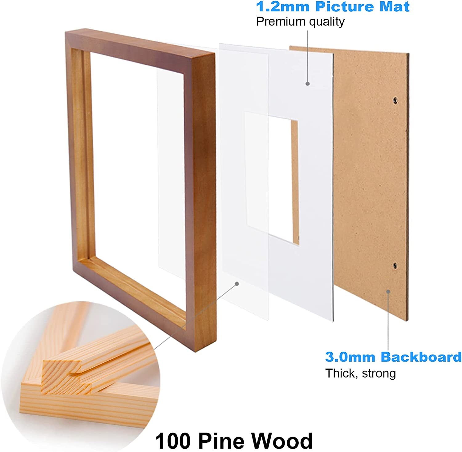 11X11 Picture Frames 4 Pack, Display Pictures 8X8 with Mat or 11X11 without Mat Made of Solid Wood for Table Top Display and Wall Mounting Photo Frame, Light Brown