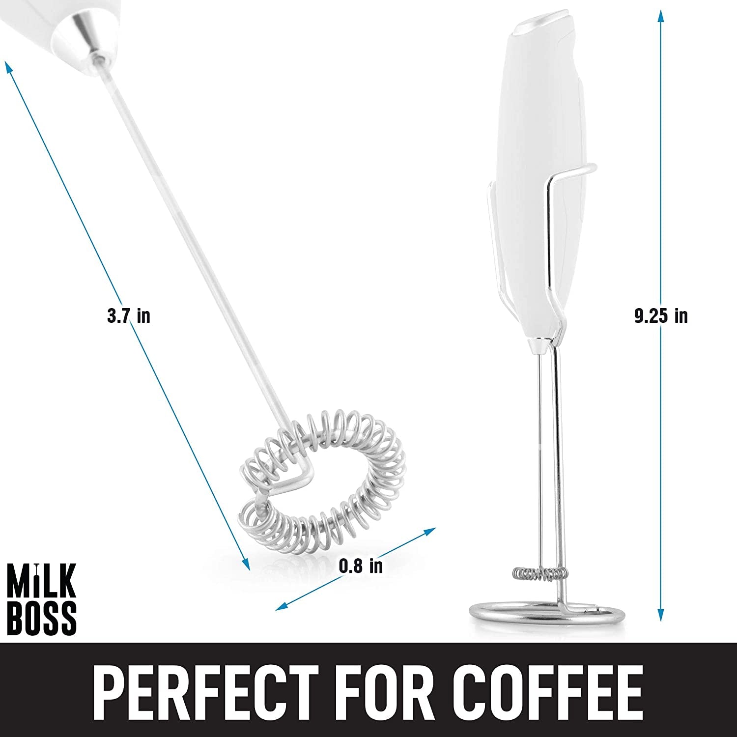 Powerful Milk Frother Handheld with Upgraded Holster Stand - Coffee Frother Electric Handheld Foam Maker - Milk Frother for Coffee, Lattes, Matcha & More - Electric Whisk Frother (White)