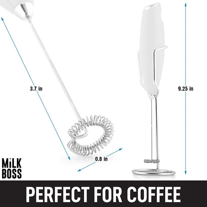 Powerful Milk Frother Handheld with Upgraded Holster Stand - Coffee Frother Electric Handheld Foam Maker - Milk Frother for Coffee, Lattes, Matcha & More - Electric Whisk Frother (White)