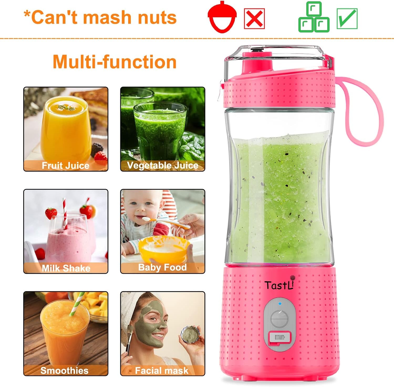 Personal Blender, Portable Travel Mini Ice Mixer Electric Smoothie Blender Juicer Cup Maker, with 13 Oz Bottles, 6 Blades and USB 4000Mah Strong Power for Shakes and Smoothies (Pink)