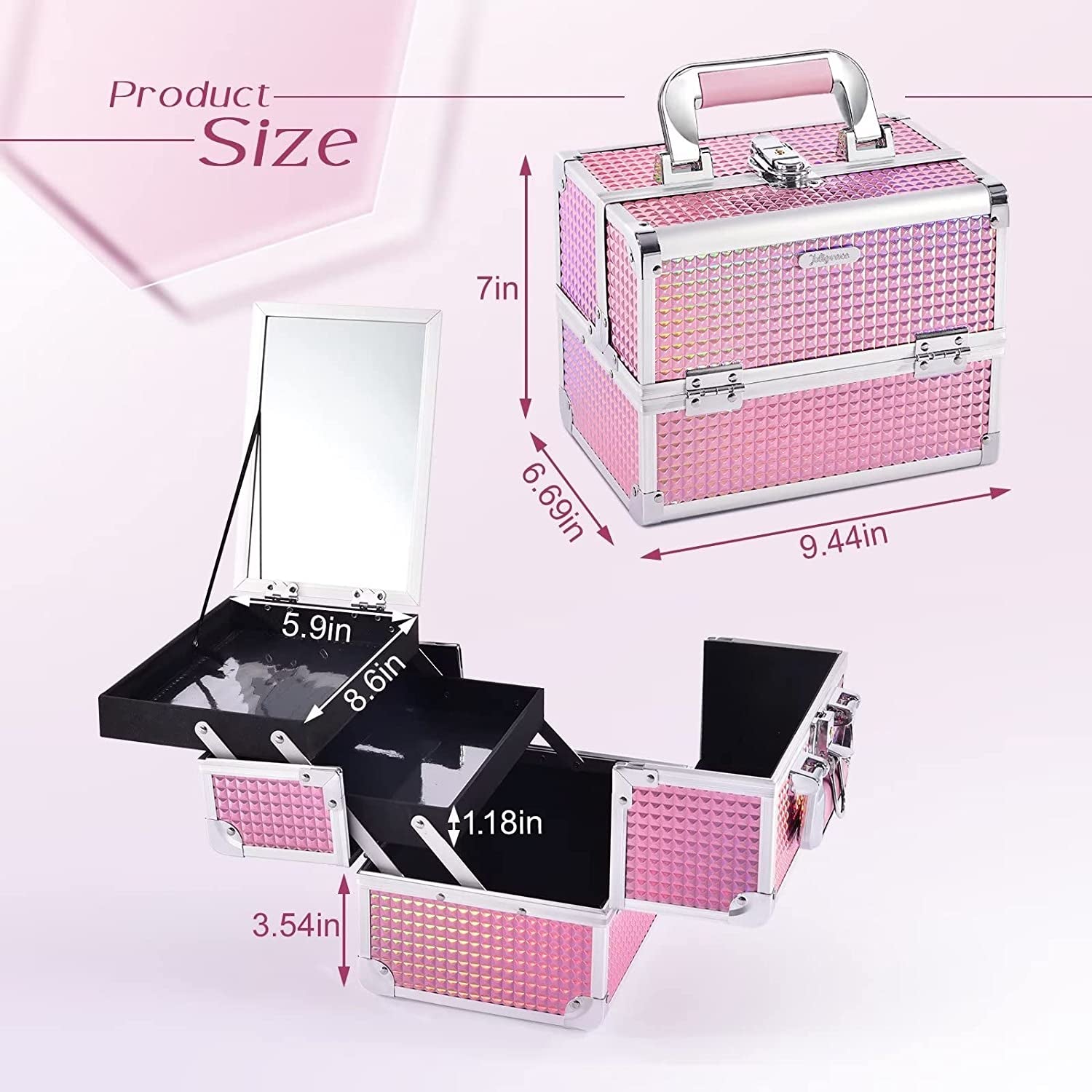 Makeup Train Case Portable Cosmetic Organizer Box Jewelry Storage Case 2 Trays Mirror Lockable with Keys Travel Makeup Organizer Case for Girls Makeup Artist, Cosmetologist, Makeup Tools Makeup Box Mermaid Pink