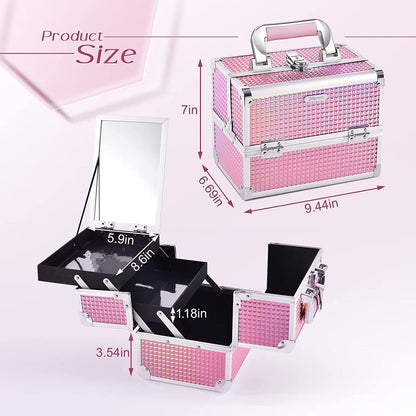 Makeup Train Case Portable Cosmetic Organizer Box Jewelry Storage Case 2 Trays Mirror Lockable with Keys Travel Makeup Organizer Case for Girls Makeup Artist, Cosmetologist, Makeup Tools Makeup Box Mermaid Pink