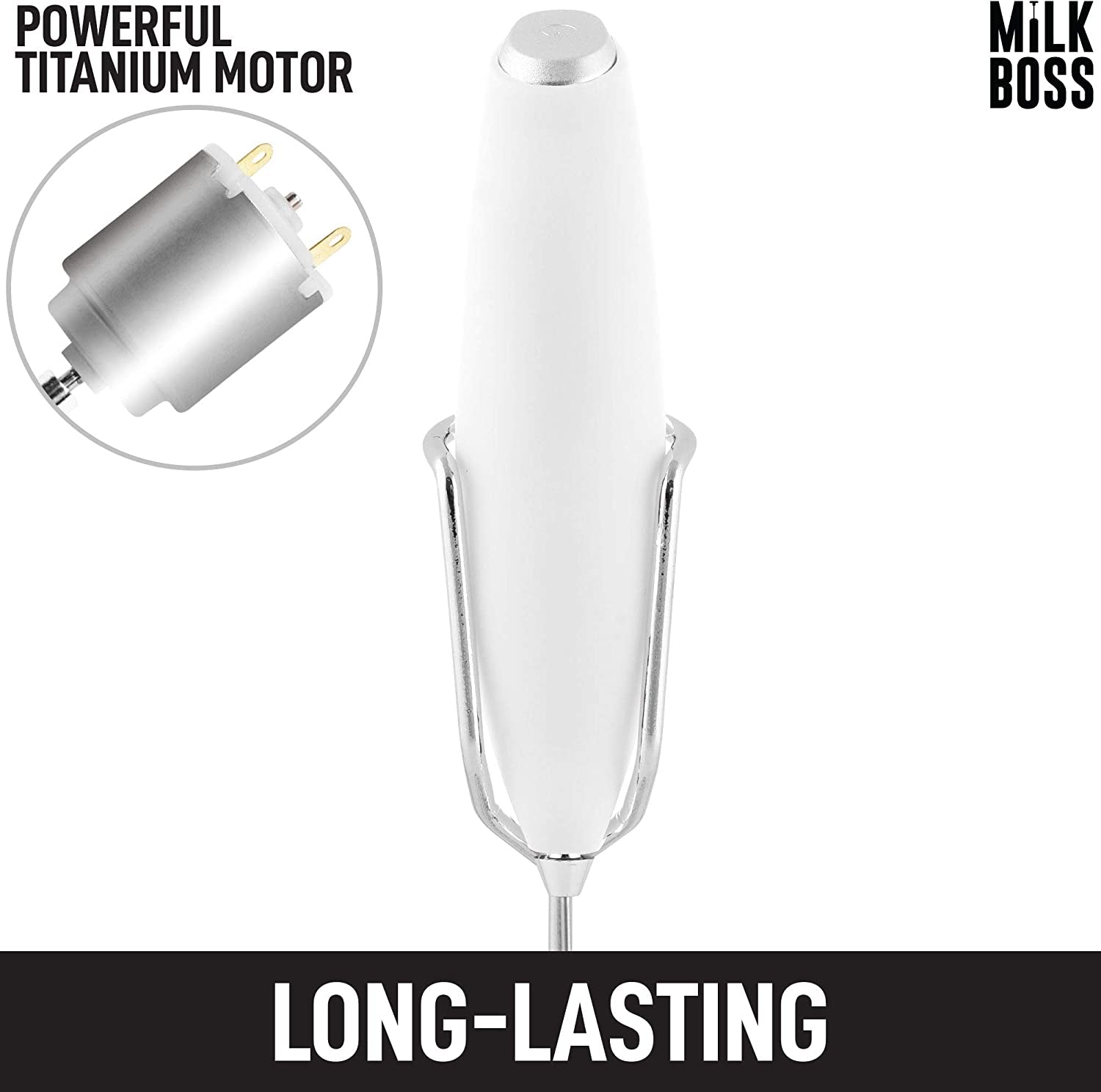 Powerful Milk Frother Handheld with Upgraded Holster Stand - Coffee Frother Electric Handheld Foam Maker - Milk Frother for Coffee, Lattes, Matcha & More - Electric Whisk Frother (White)