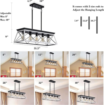 5-Light Pendant Lights Fixture, Farmhouse Chandeliers for Dining Room, Rustic Island Lights for Kitchen, Rectangular Chandelier Rustic Farmhouse Light Fxiture