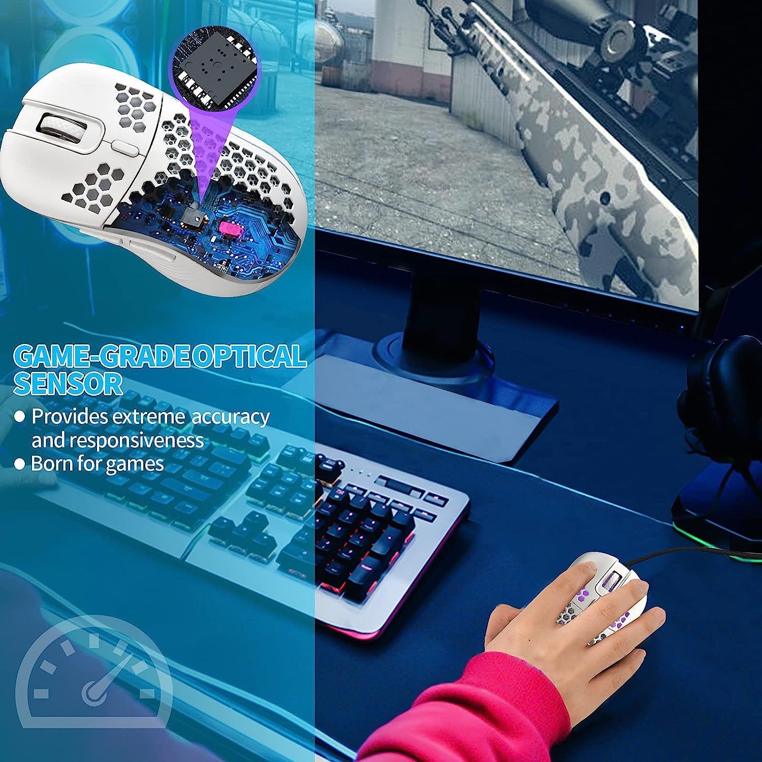 Honeycomb Wired Gaming Mouse, RGB Backlight and 7200 Adjustable DPI, Ergonomic and Lightweight USB Computer Mouse with High Precision Sensor for Windows PC & Laptop Gamers (White)