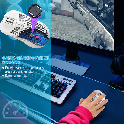 Honeycomb Wired Gaming Mouse, RGB Backlight and 7200 Adjustable DPI, Ergonomic and Lightweight USB Computer Mouse with High Precision Sensor for Windows PC & Laptop Gamers (White)