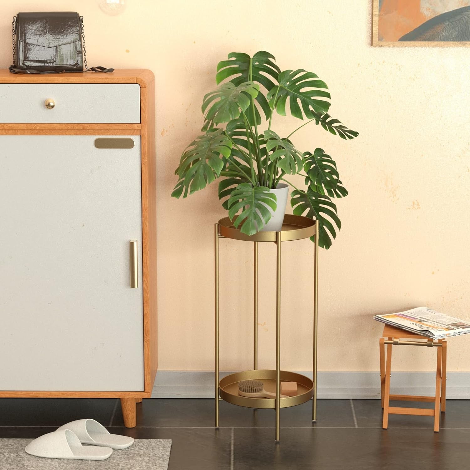 Plant Stand Indoor Outdoor - Flower Pot Holder Metal Plant Rack Organizer, 2 Tiers Tall Plant Display Storage Shelf Table for Home Garden Patio Bathroom Office Living Room Balcony Corner (Gold)