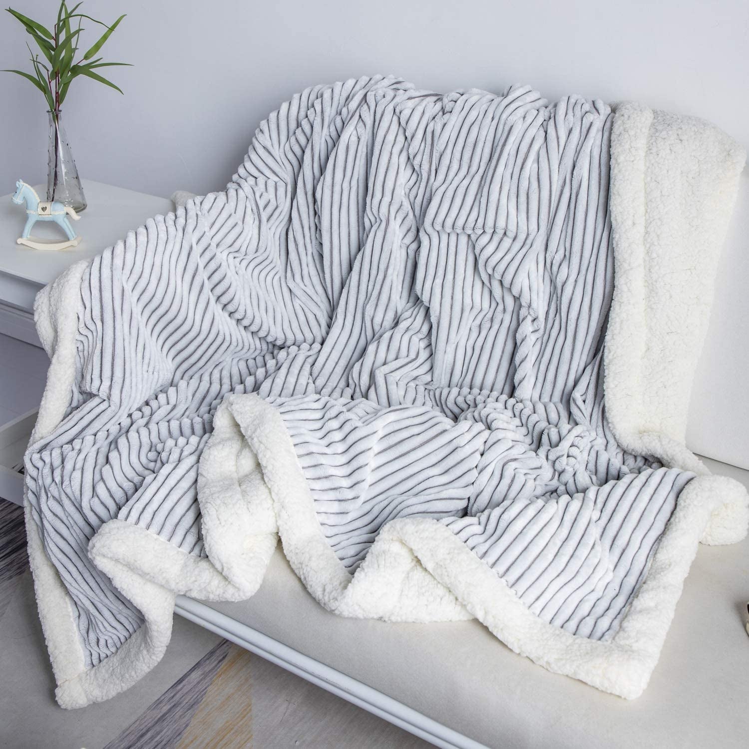 Sherpa Blanket Fleece Throw – 51X63, Grey & White – Soft, Plush, Fluffy, Fuzzy, Warm, Cozy, Thick – Perfect for Couch, Bed, Sofa, Chair - Reversible Throw Blanket