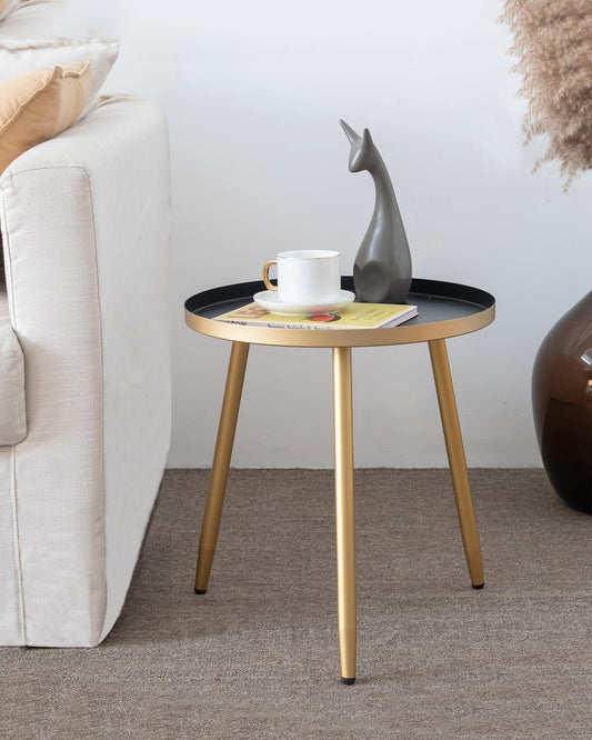 round End/Side Tables for Living Room, Bedrooms Narrow Night Stands Cute Pedestal Plant Stand for Balcony, Black Tray with 3 Legged Gold Coffee/ Accent Table