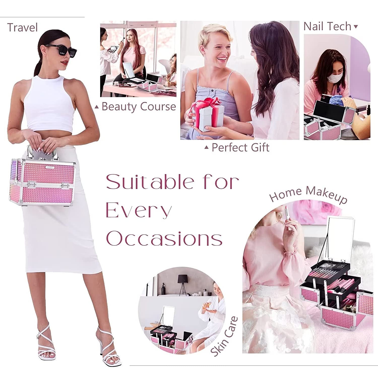 Makeup Train Case Portable Cosmetic Organizer Box Jewelry Storage Case 2 Trays Mirror Lockable with Keys Travel Makeup Organizer Case for Girls Makeup Artist, Cosmetologist, Makeup Tools Makeup Box Mermaid Pink