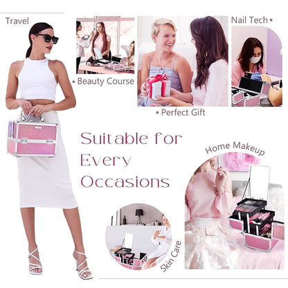 Makeup Train Case Portable Cosmetic Organizer Box Jewelry Storage Case 2 Trays Mirror Lockable with Keys Travel Makeup Organizer Case for Girls Makeup Artist, Cosmetologist, Makeup Tools Makeup Box Mermaid Pink